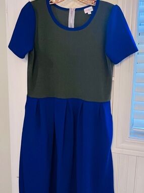 Women’s LuLaRoe Amelia Colorblock Blue and Olive Pleated Dress